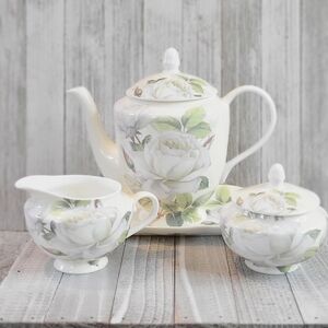 Gracie Bone China "Iceberg White Rose" Teapot, Creamer, And Sugar Bowl Set